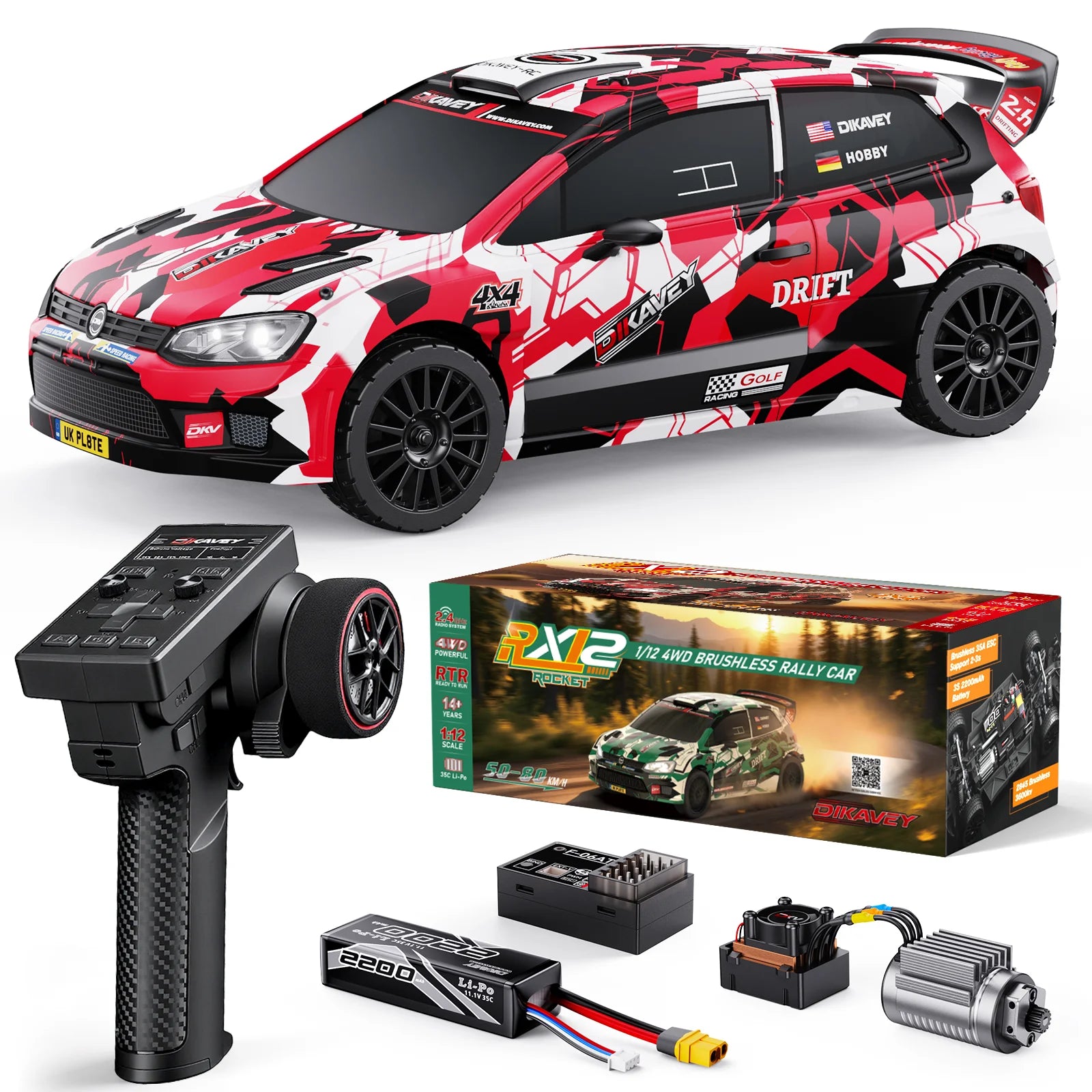 DIKAVEY 1/12 Maßstab RTR 4WD Brushless RC Rallyeauto | RX12 (Rot)