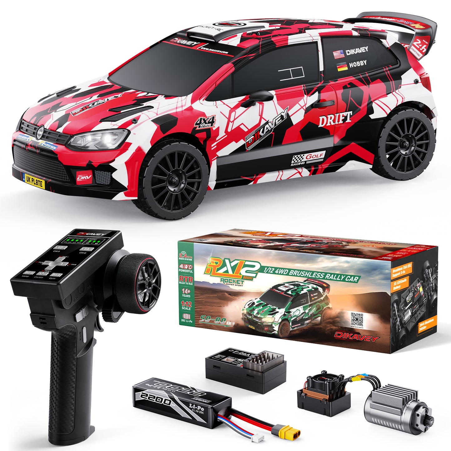 DIKAVEY 1/12 Scale RTR 4WD Brushless RC Rally Car | RX12 (Red)