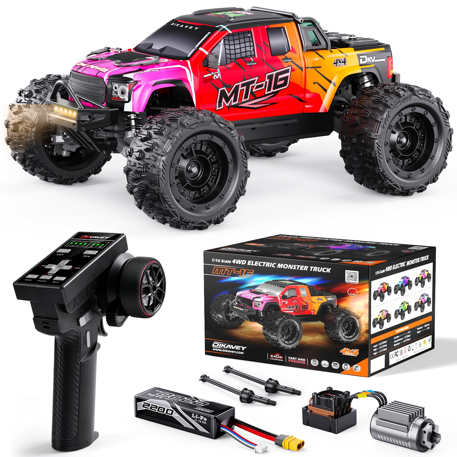 DIKAVEY 1/16 Scale 4WD RTR Brushless Monster Truck | MT16 (Rot)