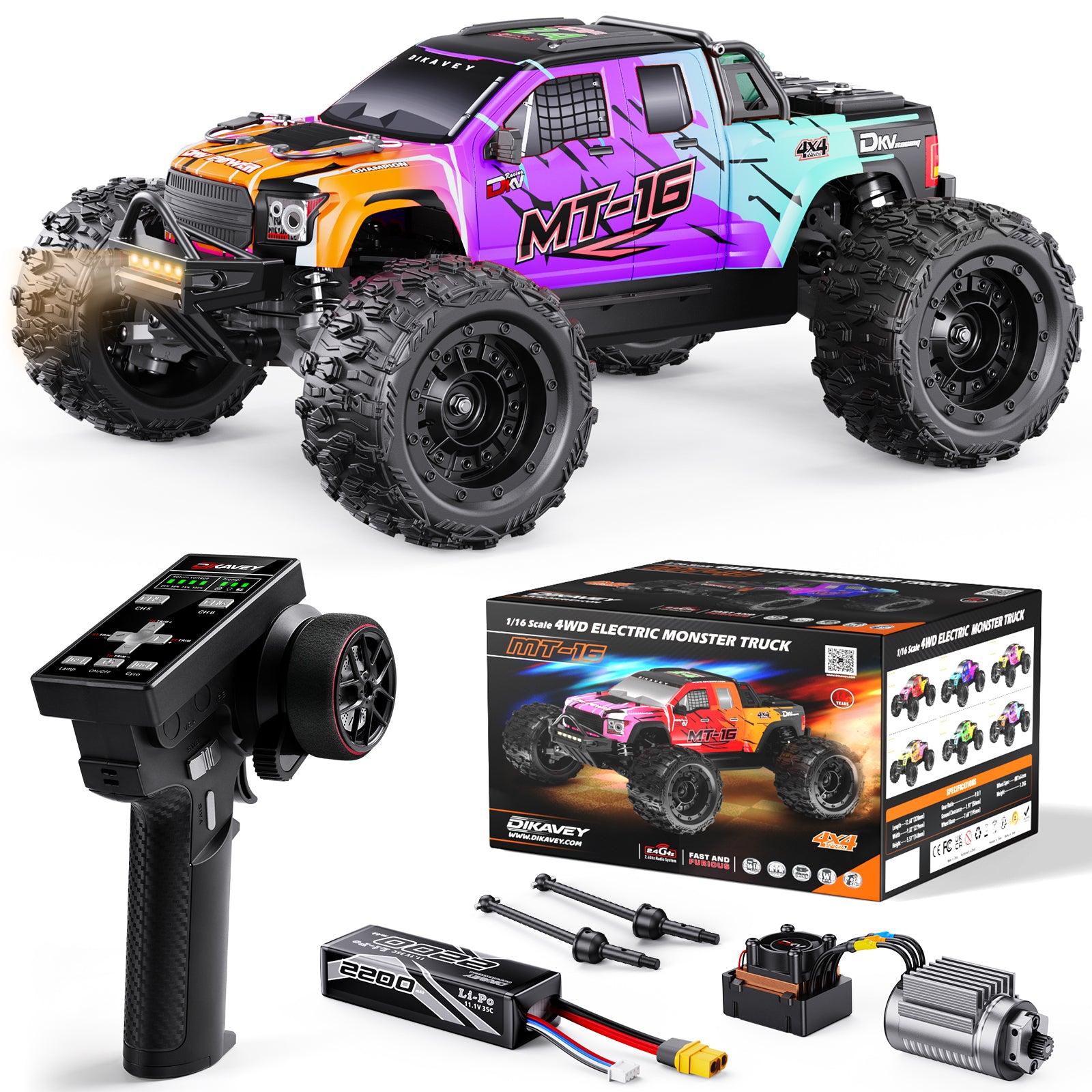 DIKAVEY 1/16 Scale 4WD RTR Brushless Monster Truck | MT16 (Lila)