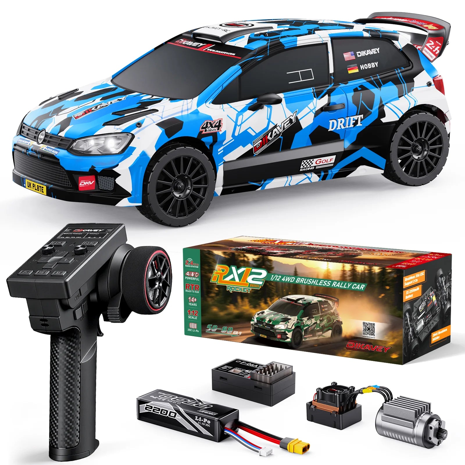DIKAVEY 1/12 Maßstab RTR 4WD Brushless RC Rallyeauto | RX12 (Rot)