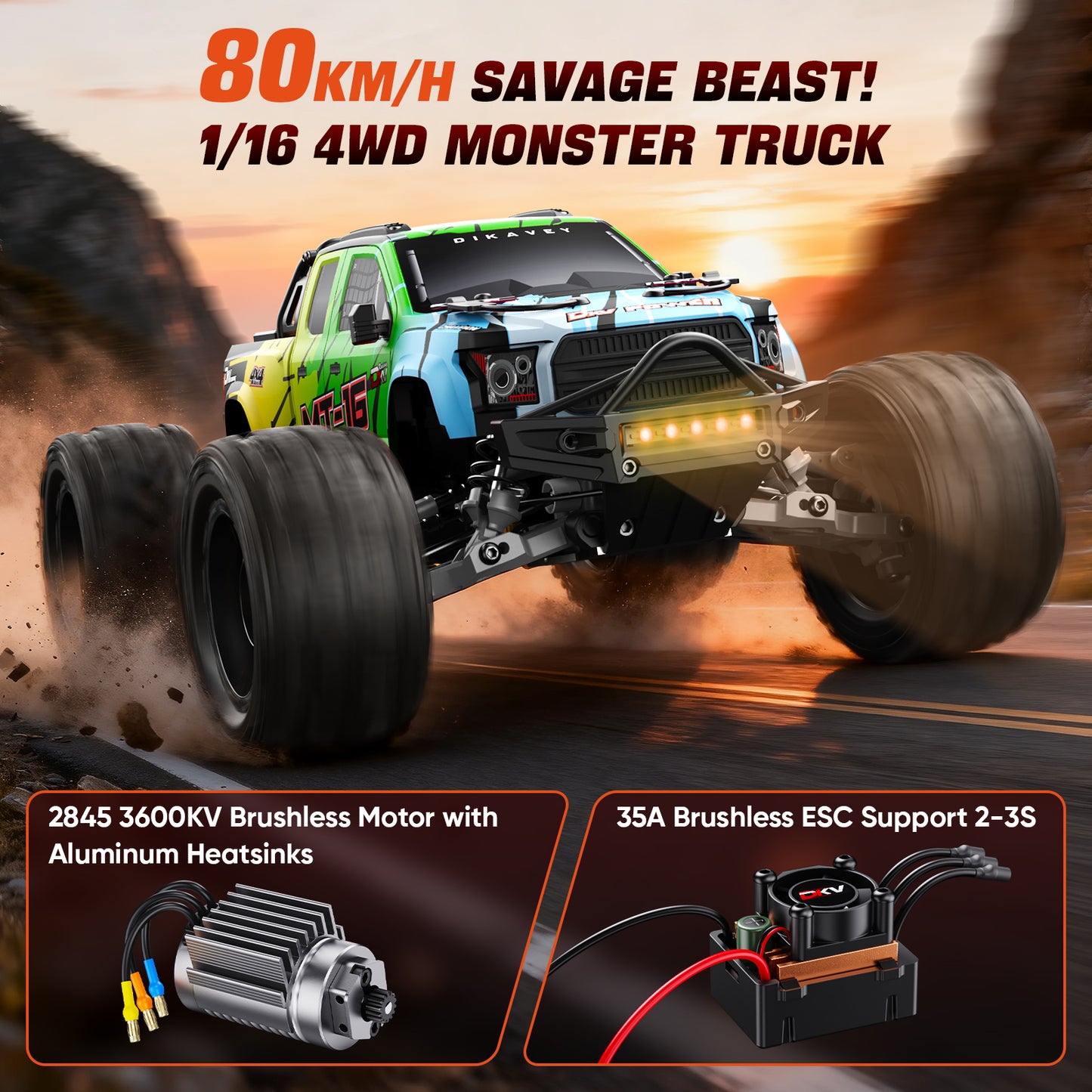 DIKAVEY 1/16 Scale 4WD RTR Brushless Monster Truck | MT16 (Green)