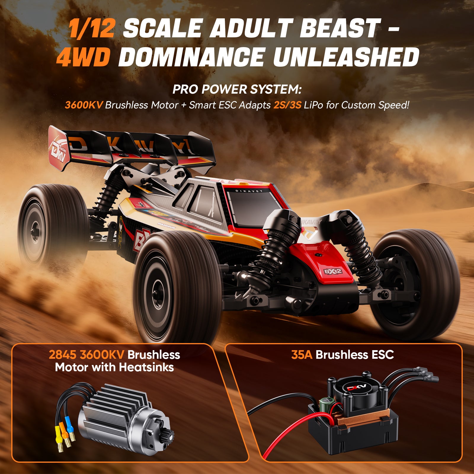 DIKAVEY 1/12 Maßstab RTR 4WD Metall Brushless RC Buggy | BX12 (Rot-Gelb)