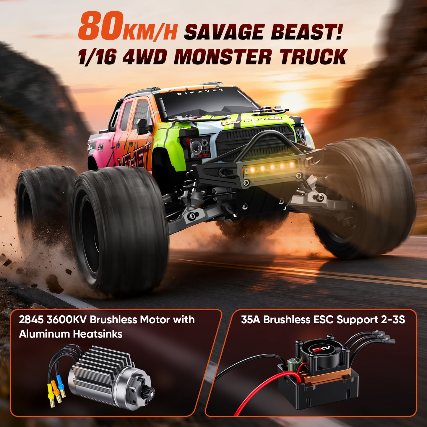 DIKAVEY 1/16 Scale 4WD RTR Brushless Monster Truck | MT16 (Orange)