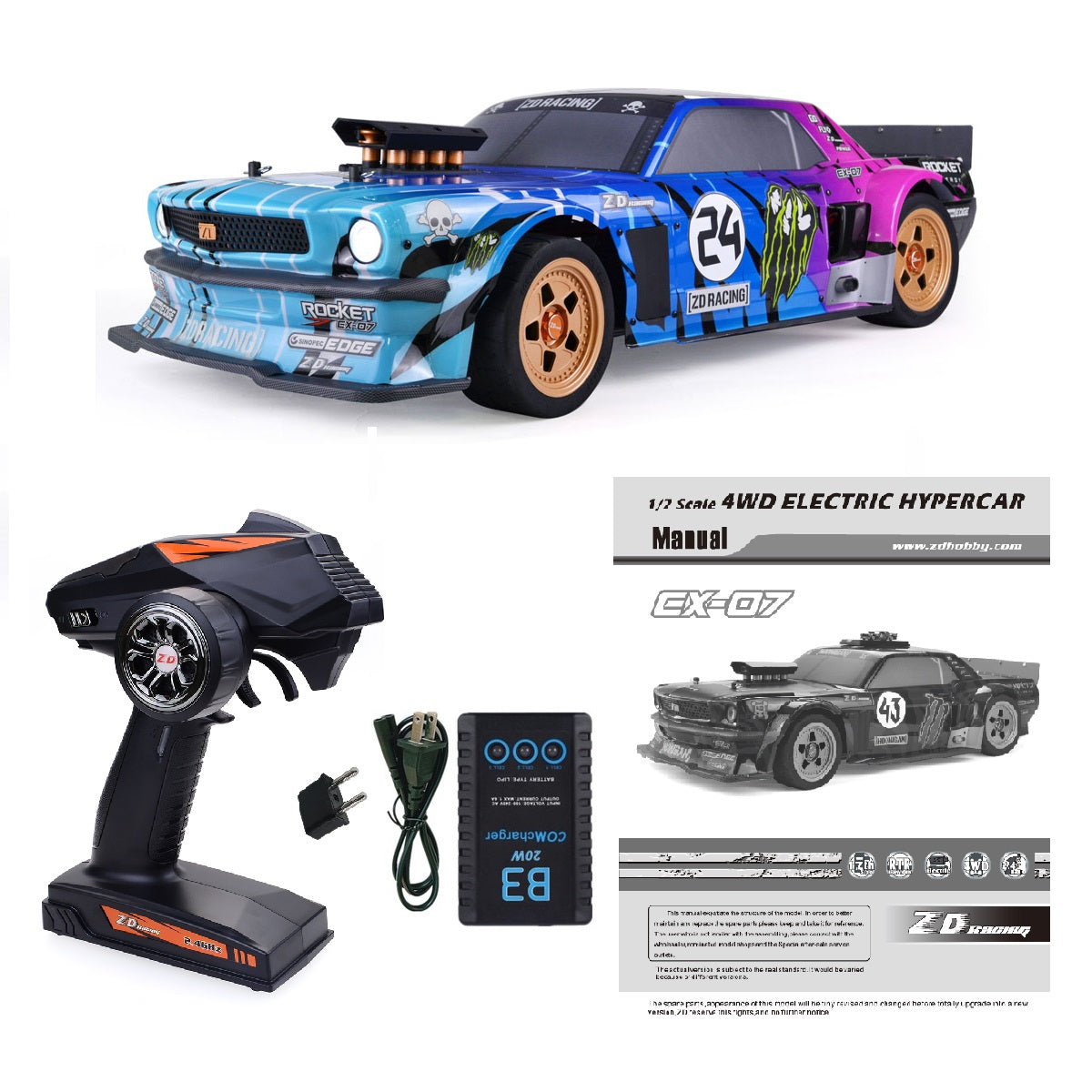 ZD 1/7 Scale 4WD High-Speed Brushless On-Road Muscle Car | EX-07 (Blue)