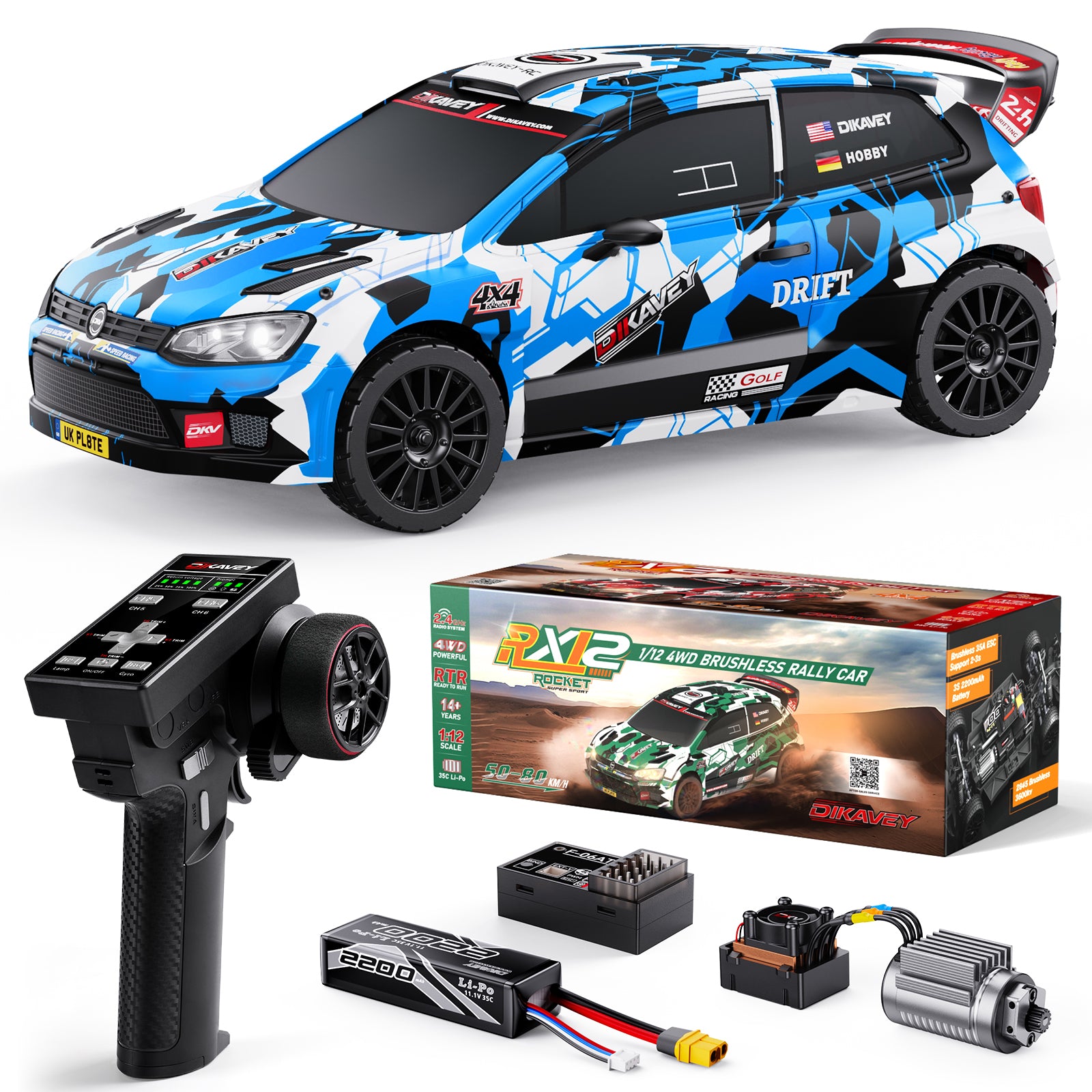 DIKAVEY 1/12 Maßstab RTR 4WD Brushless RC Rallyeauto | RX12 (Blau)