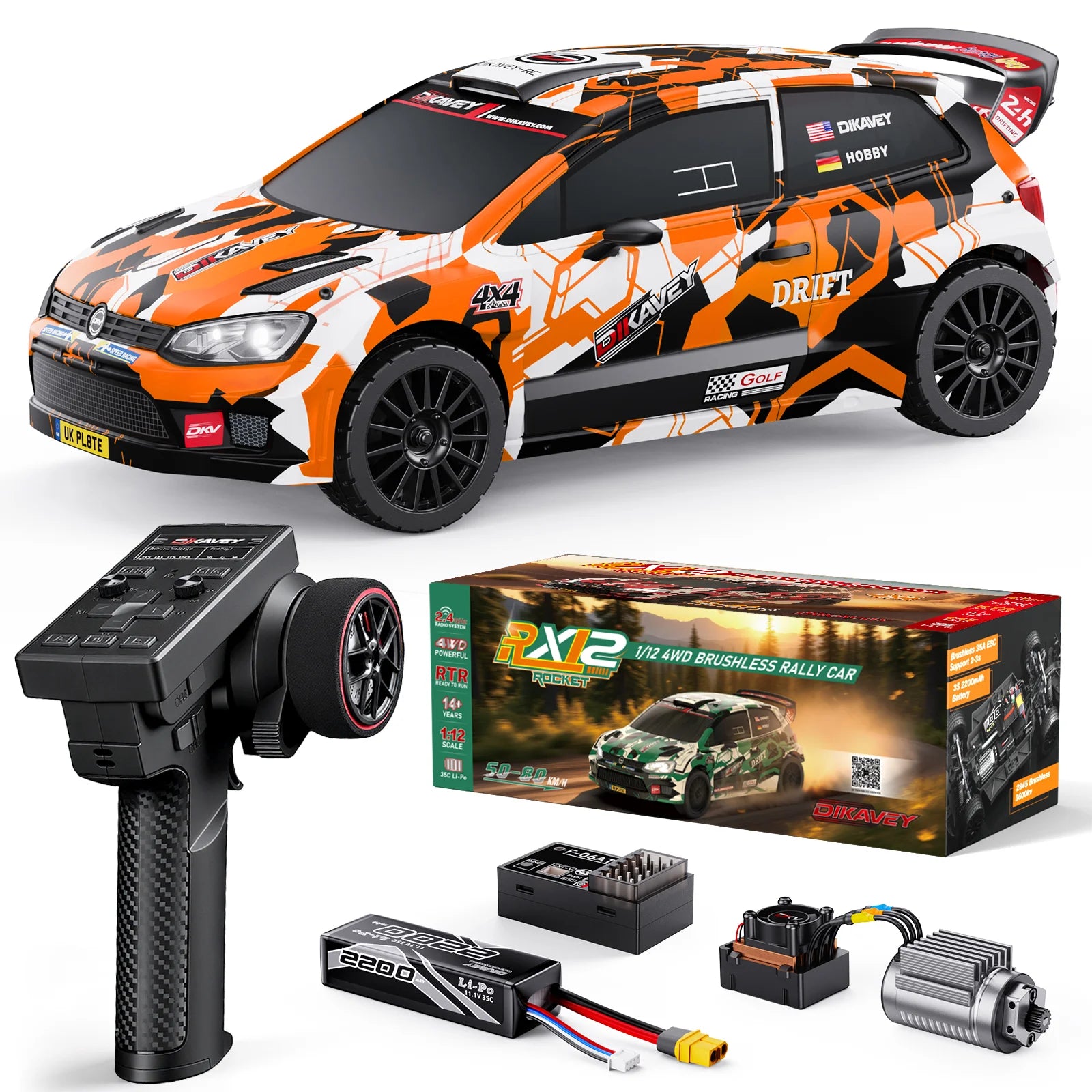 DIKAVEY 1/12 Maßstab RTR 4WD Brushless RC Rallyeauto | RX12 (Rot)