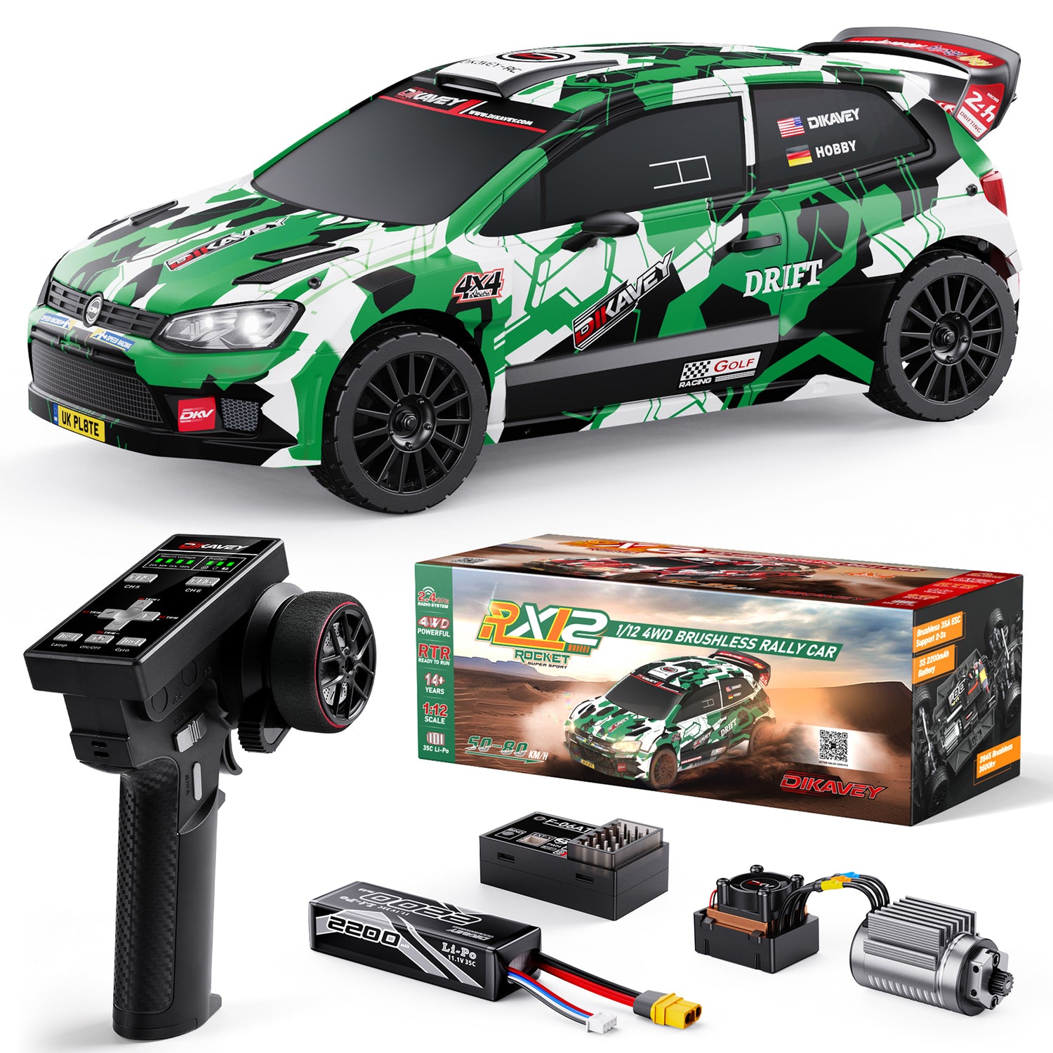DIKAVEY 1/12 Maßstab RTR 4WD Brushless RC Rallyeauto | RX12 (Grün) 