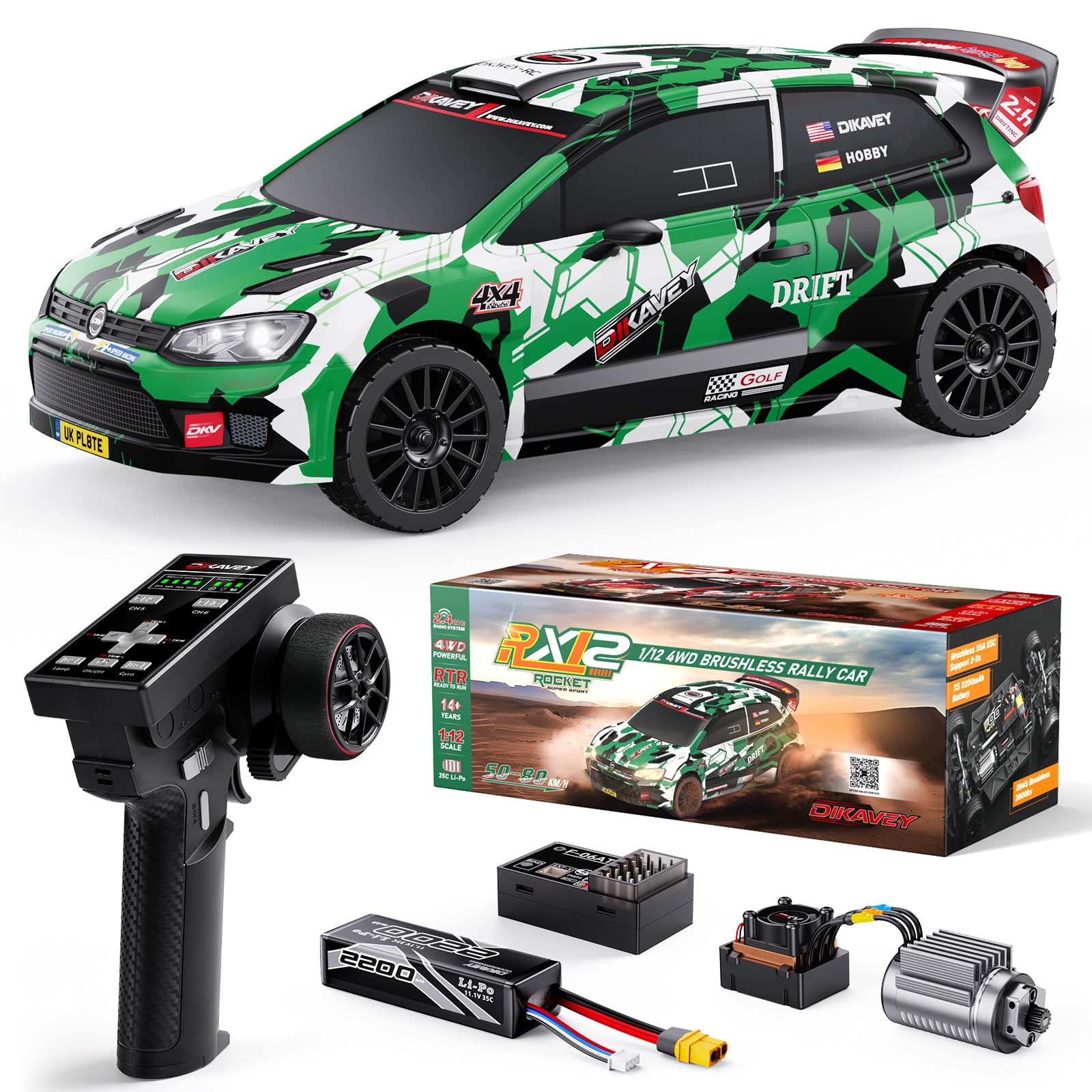 DIKAVEY 1/12 Maßstab RTR 4WD Brushless RC Rallyeauto | RX12 (Grün) 