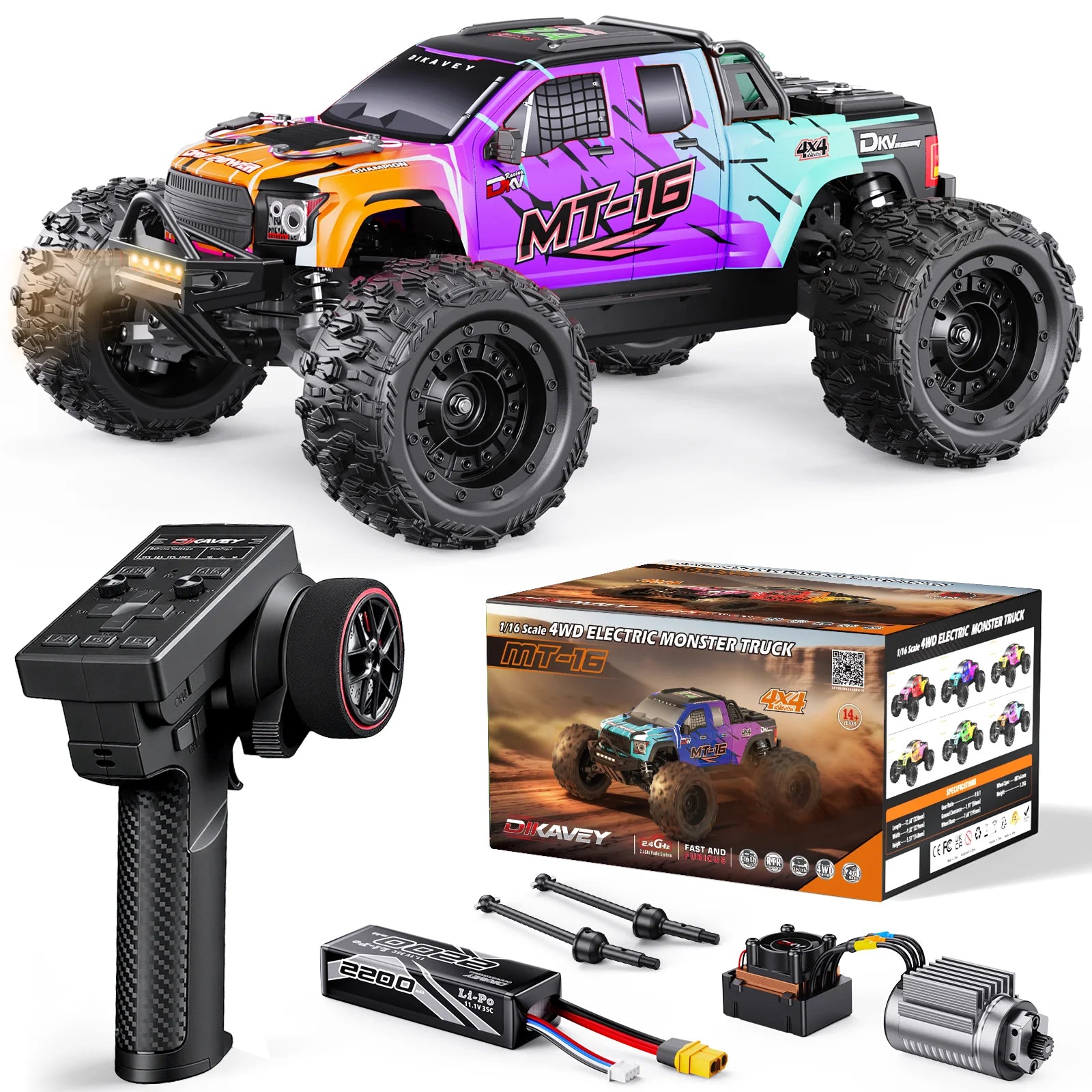 DIKAVEY 1/16 Scale 4WD RTR Brushless Monster Truck | MT16 (Rot) 