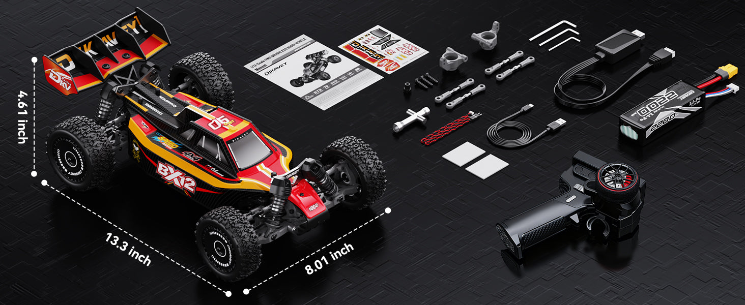 DIKAVEY 1/12 Maßstab RTR 4WD Metall Brushless RC Buggy | BX12 (Rot-Gelb)