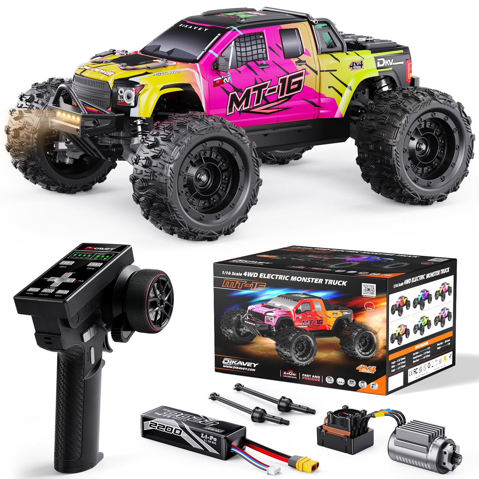 DIKAVEY 1/16 Scale 4WD RTR Brushless Monster Truck | MT16 （Pink） 