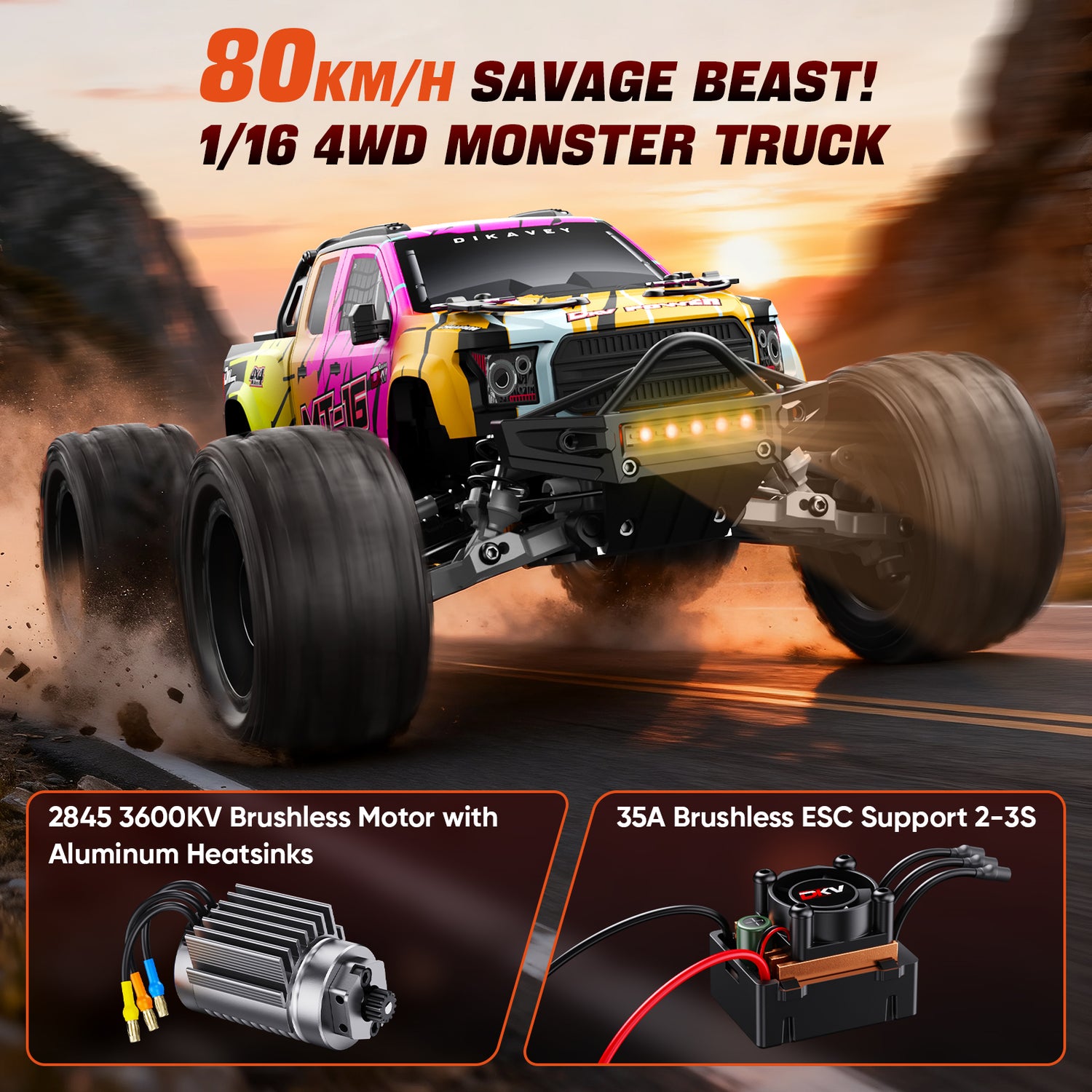 DIKAVEY 1/16 Scale 4WD RTR Brushless Monster Truck | MT16 （Pink） 