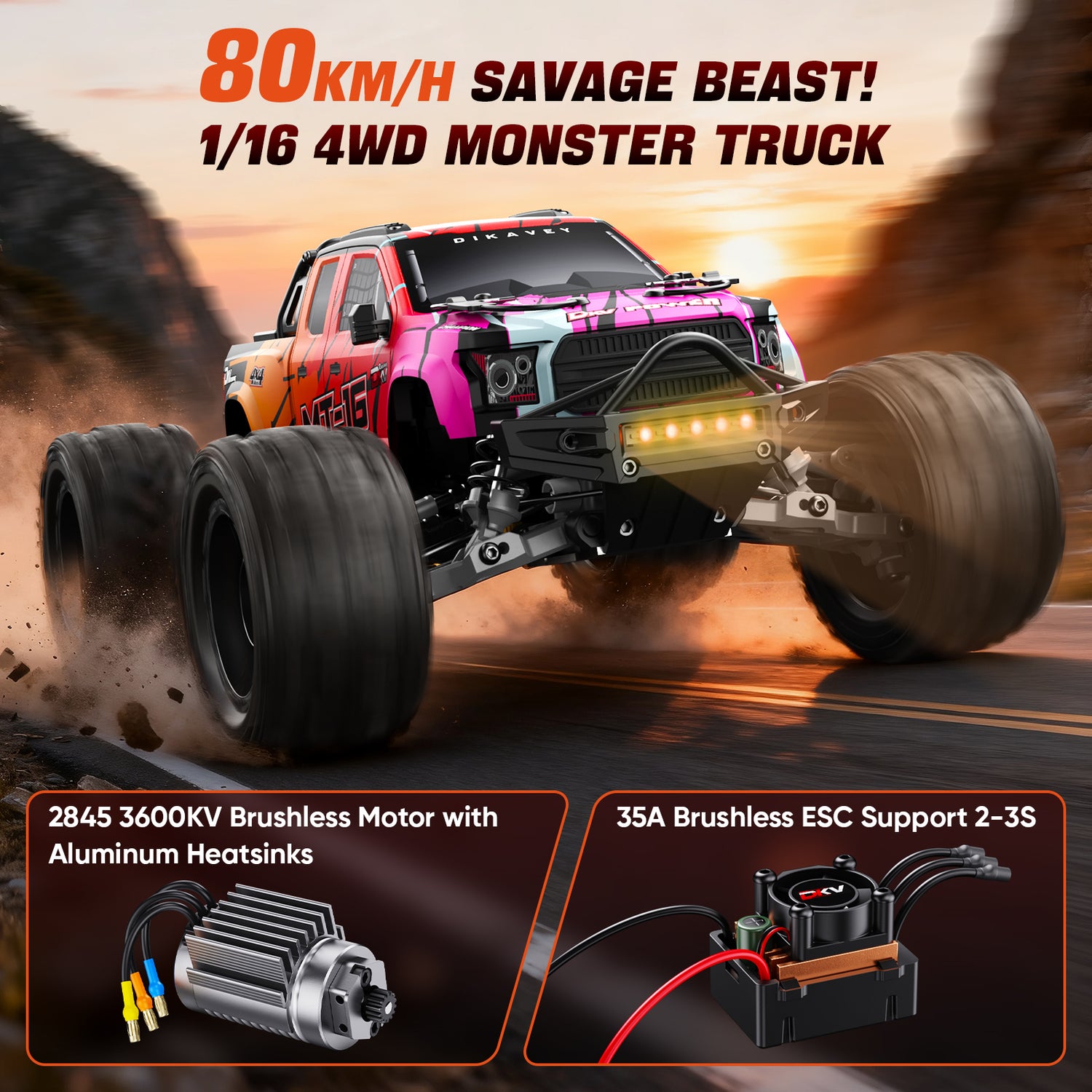 DIKAVEY 1/16 Scale 4WD RTR Brushless Monster Truck | MT16 (Rot) 