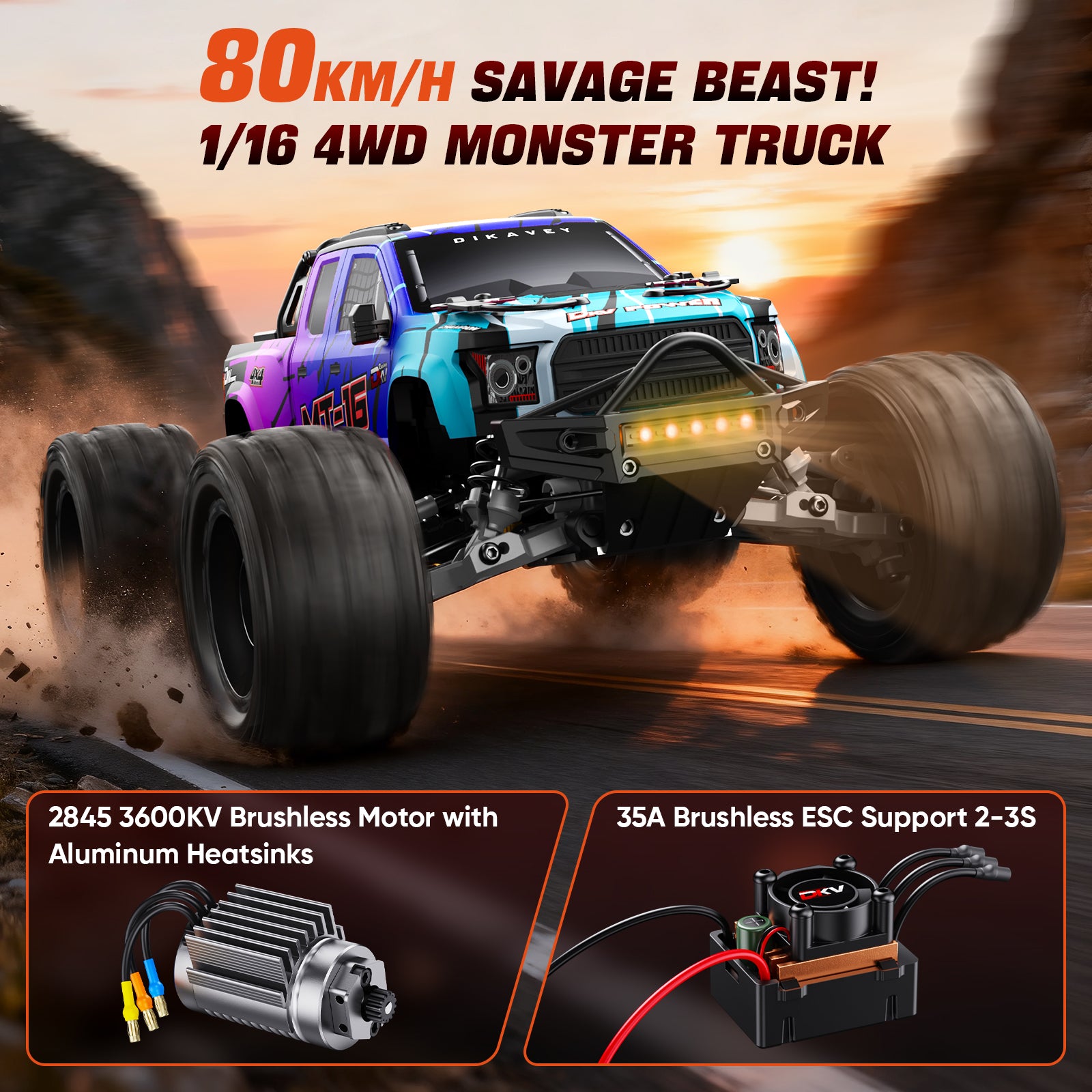 DIKAVEY 1/16 Scale 4WD RTR Brushless Monster Truck | MT16 (Blau) 