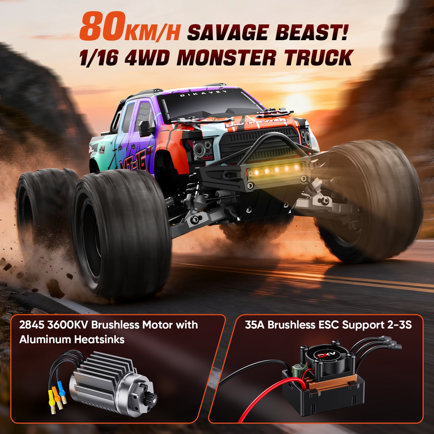 DIKAVEY 1/16 Scale 4WD RTR Brushless Monster Truck | MT16 (Lila) 