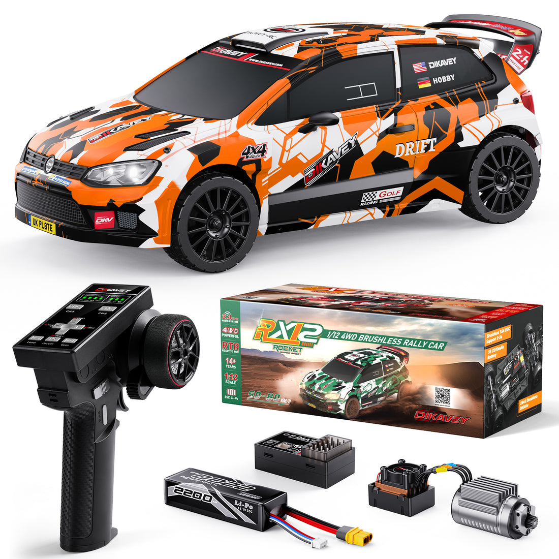 DIKAVEY 1/12 Maßstab RTR 4WD Brushless RC Rallyeauto | RX12 (Orange) 