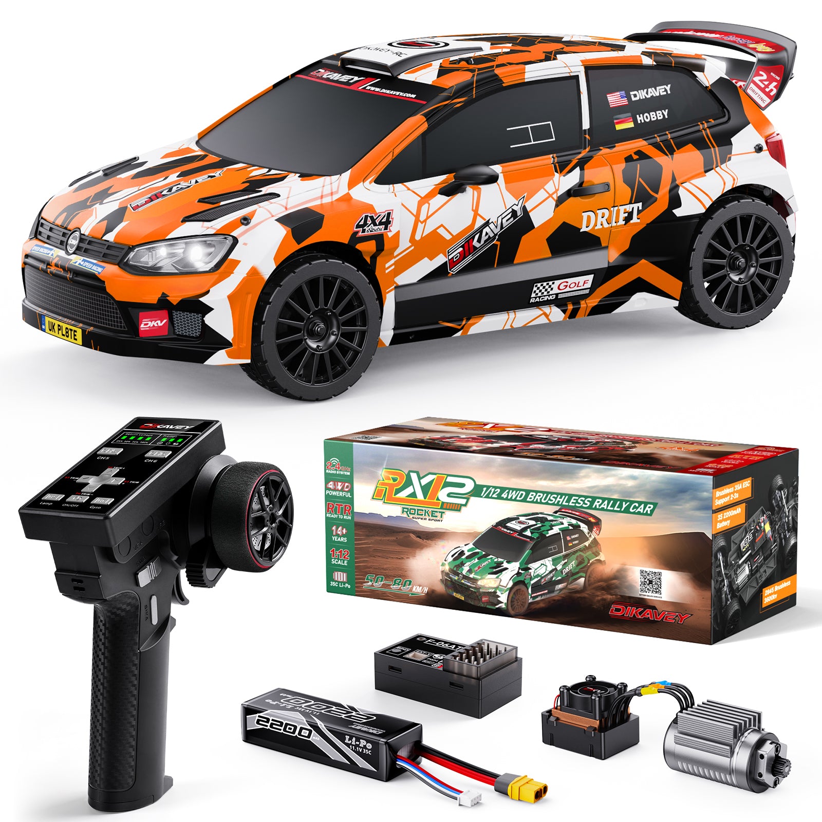 DIKAVEY 1/12 Maßstab RTR 4WD Brushless RC Rallyeauto | RX12 (Orange) 