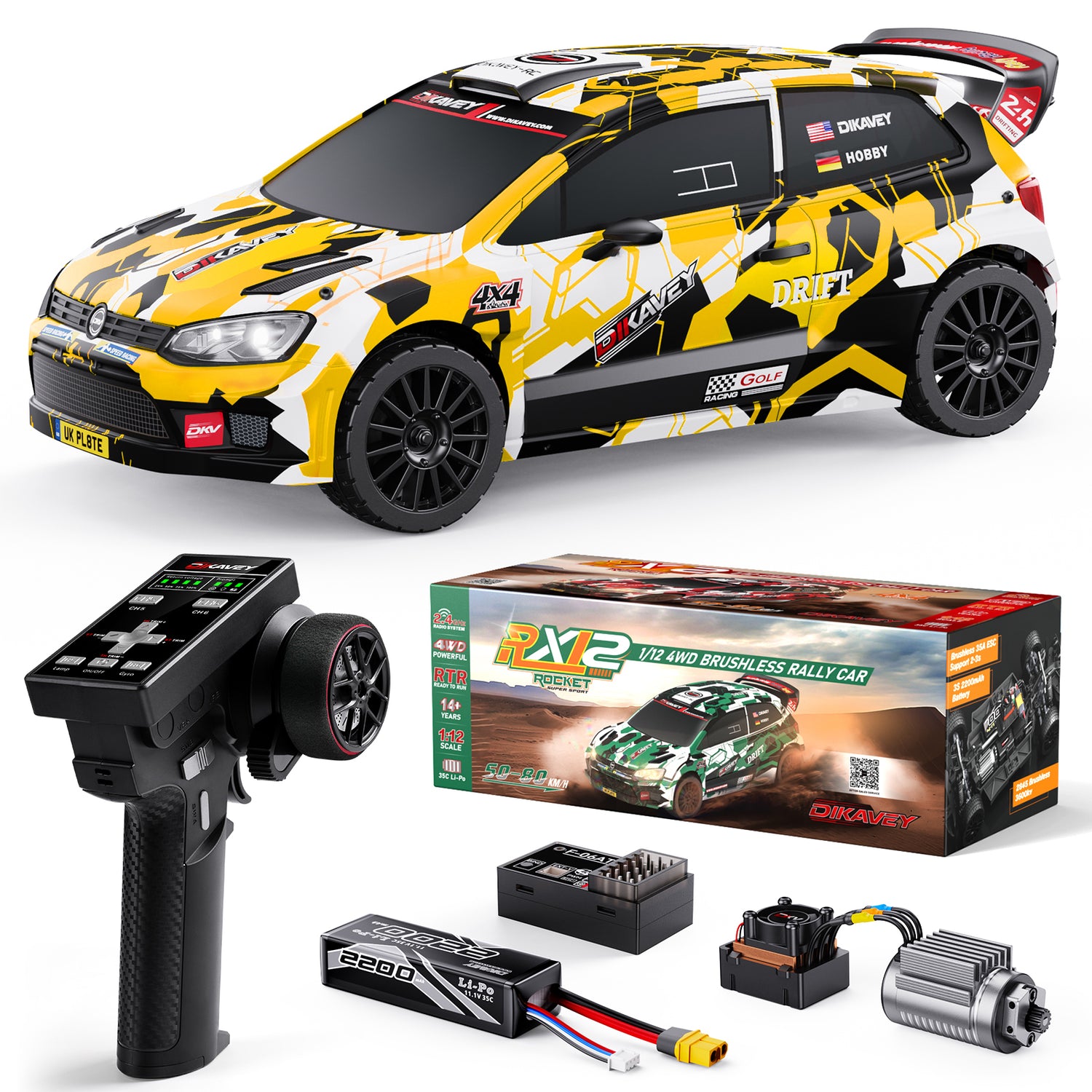 DIKAVEY 1/12 Maßstab RTR 4WD Brushless RC Rallyeauto | RX12 (Gelb) 