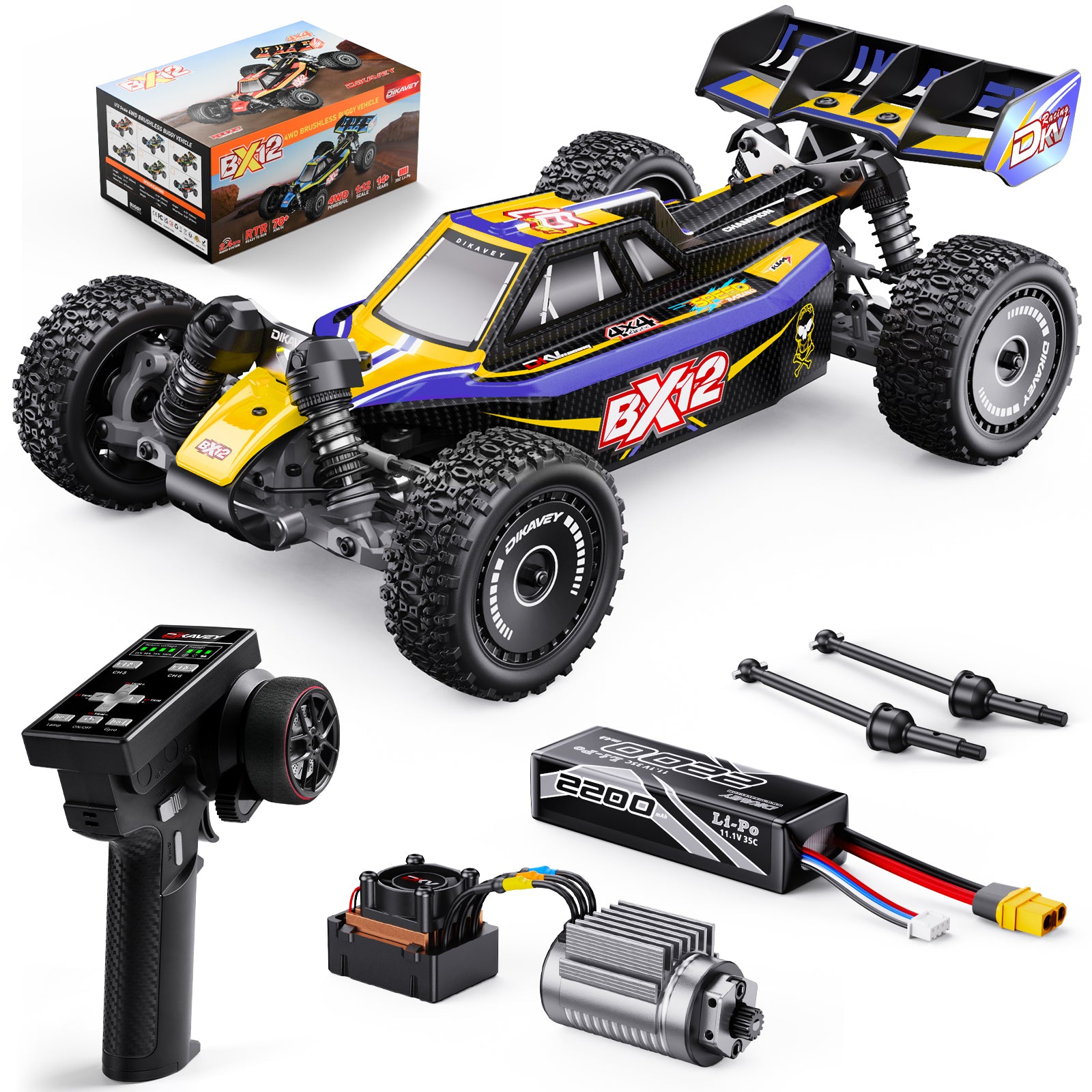 DIKAVEY 1/12 Maßstab RTR 4WD Metall Brushless RC Buggy | BX12 (Gelb-Lila)