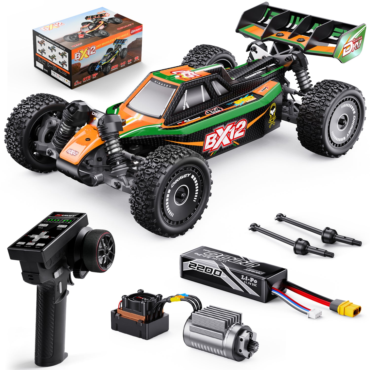 DIKAVEY 1/12 Maßstab RTR 4WD Metall Brushless RC Buggy | BX12 (Orange-Grün)