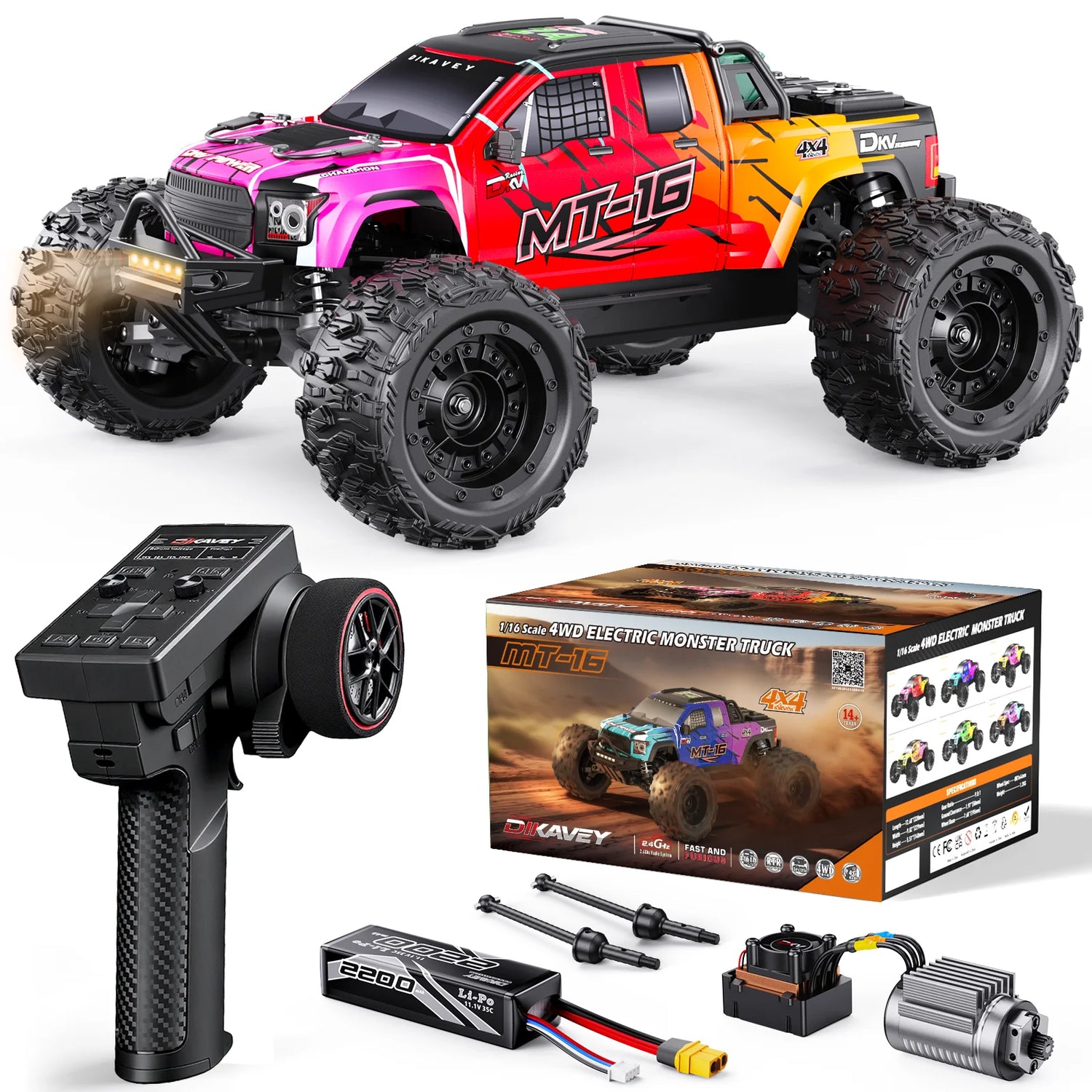 DIKAVEY 1/16 Scale 4WD RTR Brushless Monster Truck | MT16 (Rot) 
