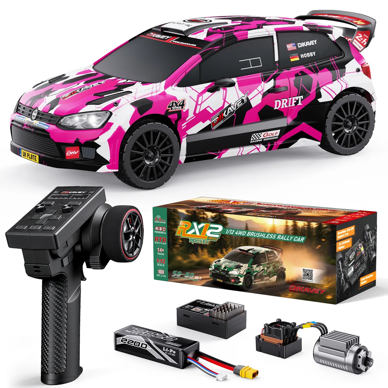 DIKAVEY 1/12 Maßstab RTR 4WD Brushless RC Rallyeauto | RX12 (Rot) 