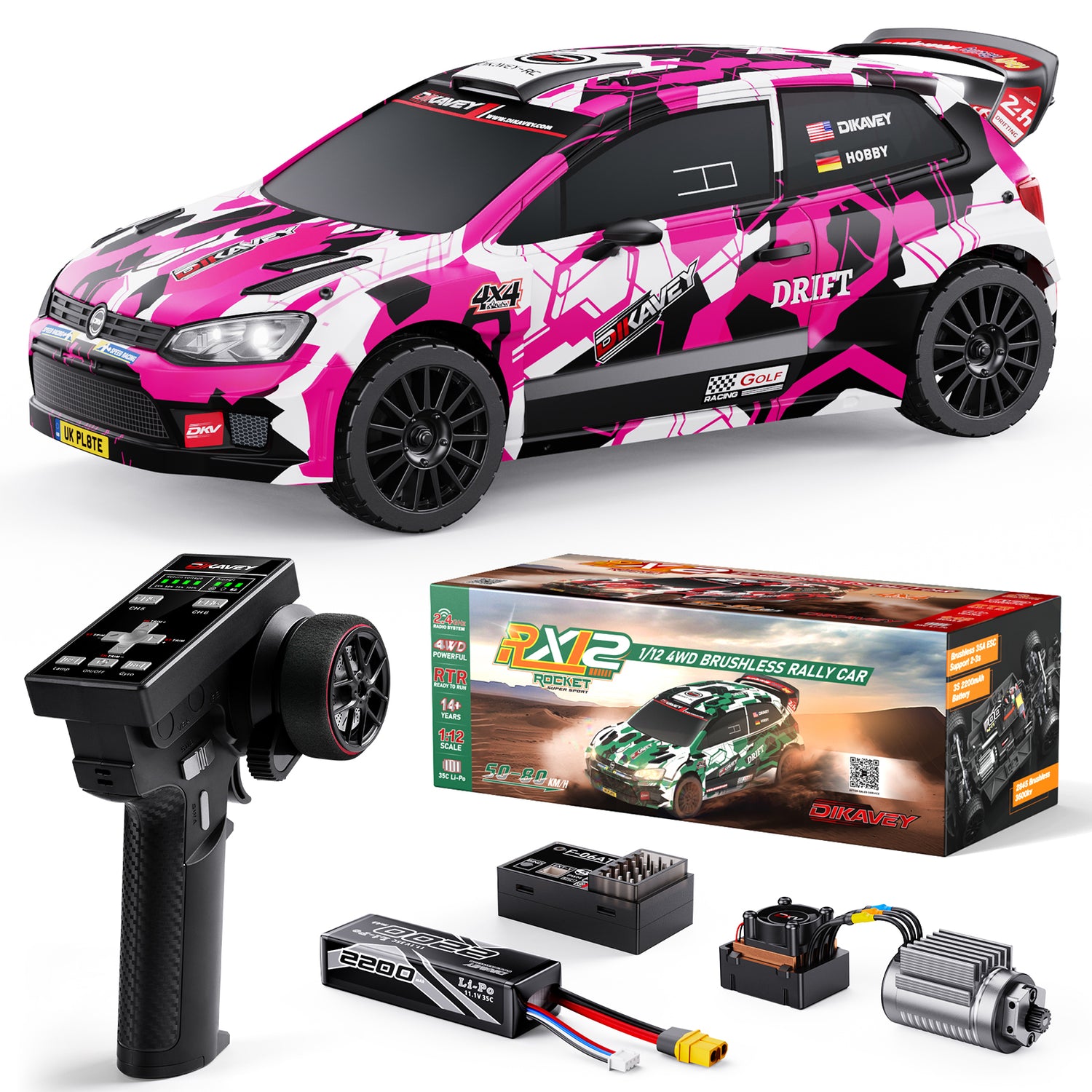 DIKAVEY 1/12 Maßstab RTR 4WD Brushless RC Rallyeauto | RX12 (Pink) 