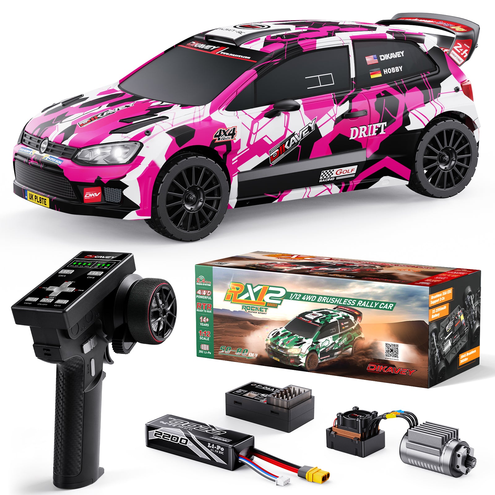 DIKAVEY 1/12 Maßstab RTR 4WD Brushless RC Rallyeauto | RX12 (Pink) 