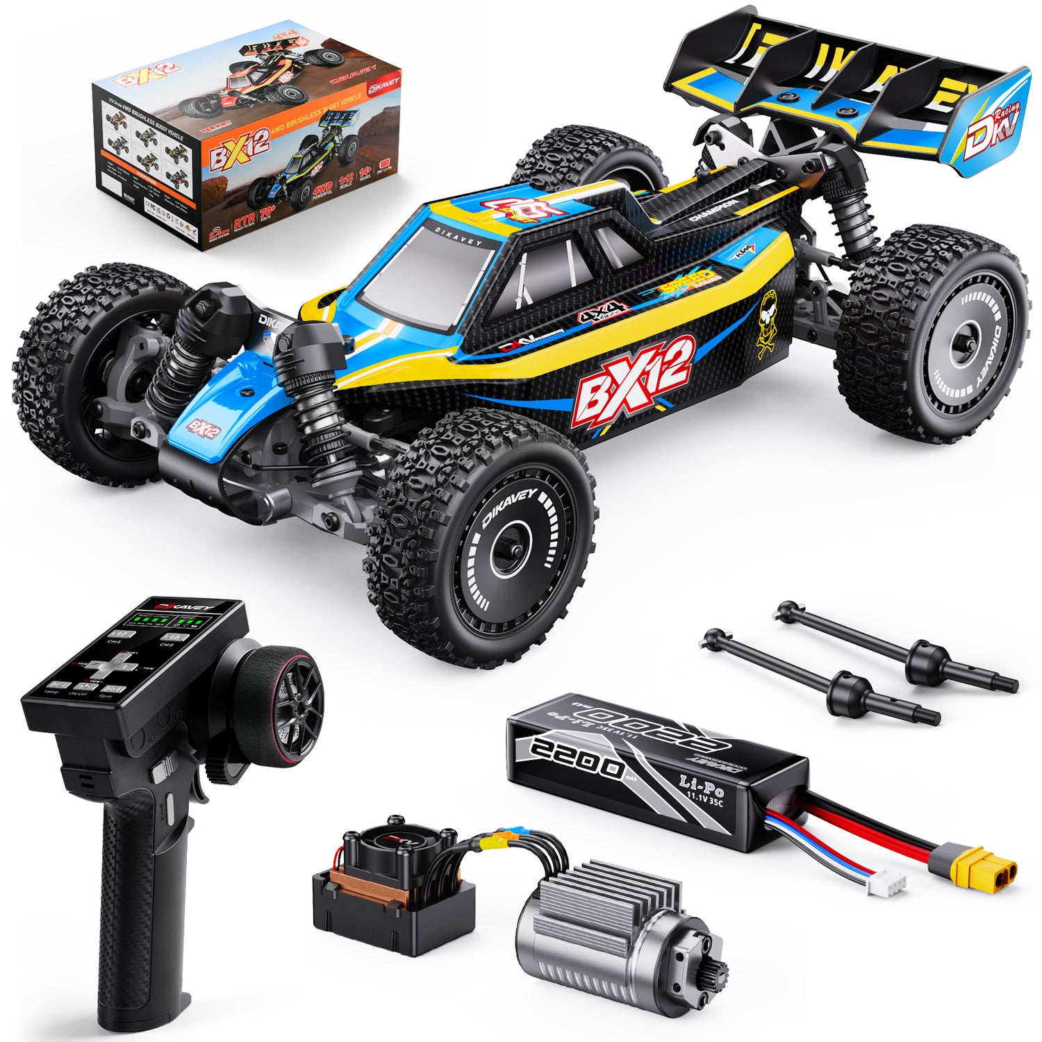 DIKAVEY 1/12 Maßstab RTR 4WD Metall Brushless RC Buggy | BX12 (Blau-Gelb)