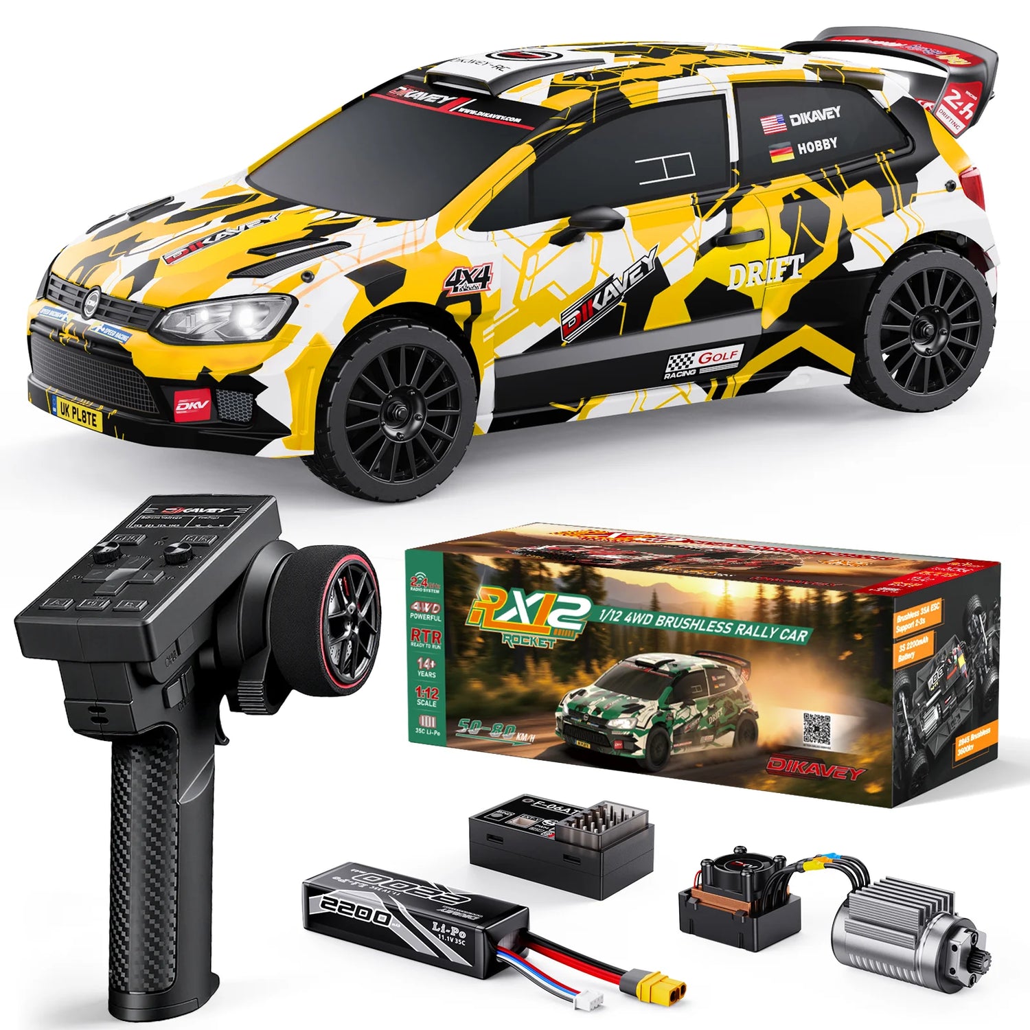 DIKAVEY 1/12 Maßstab RTR 4WD Brushless RC Rallyeauto | RX12 (Rot) 