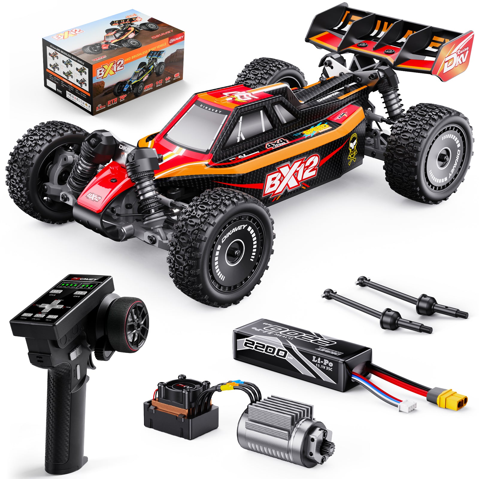 DIKAVEY 1/12 Maßstab RTR 4WD Metall Brushless RC Buggy | BX12 (Rot-Gelb)