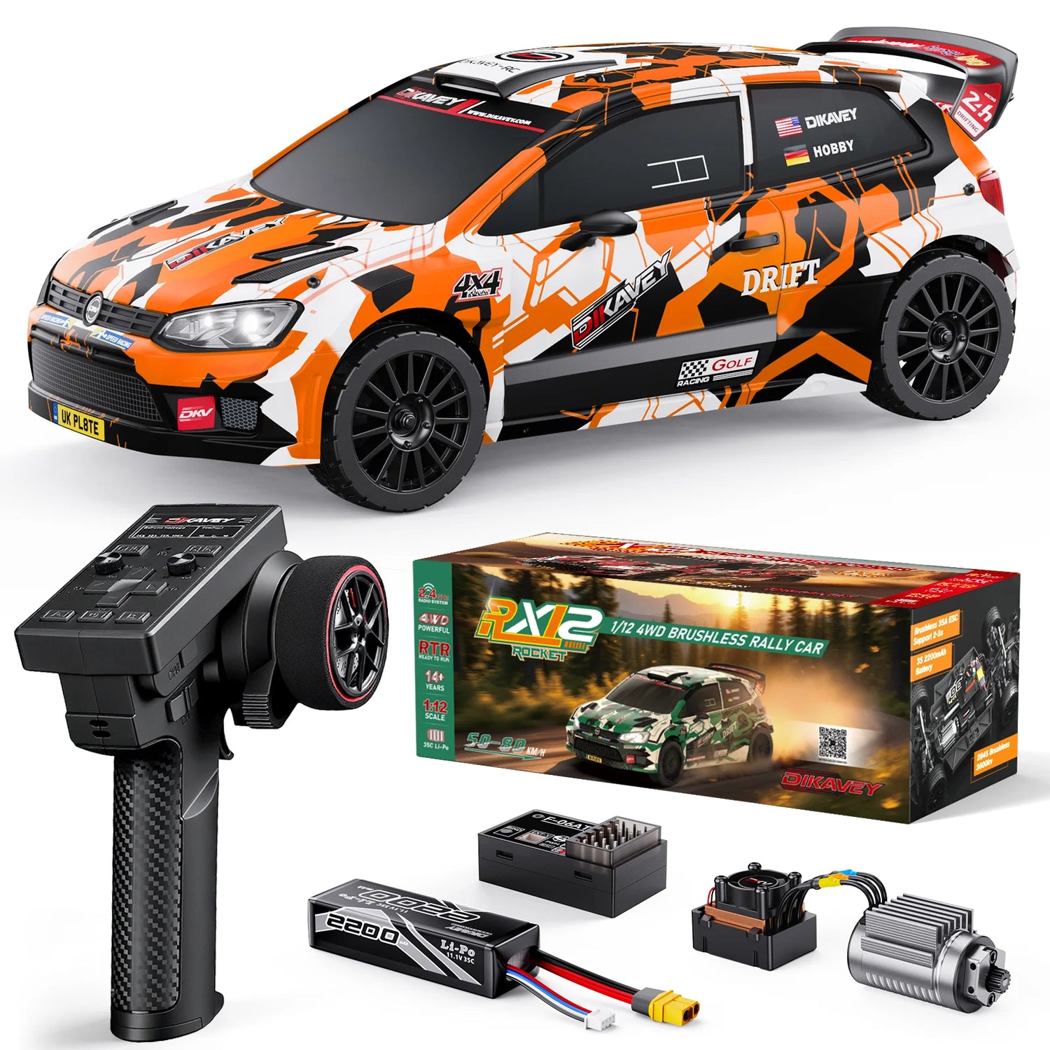 DIKAVEY 1/12 Maßstab RTR 4WD Brushless RC Rallyeauto | RX12 (Rot) 