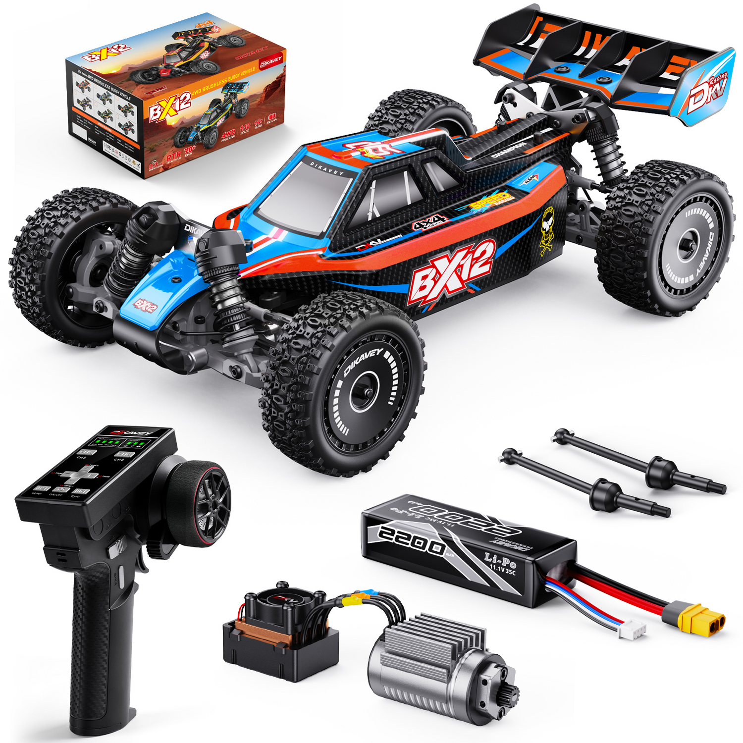 DIKAVEY 1/12 Maßstab RTR 4WD Metall Brushless RC Buggy | BX12 (Blau-Orange)