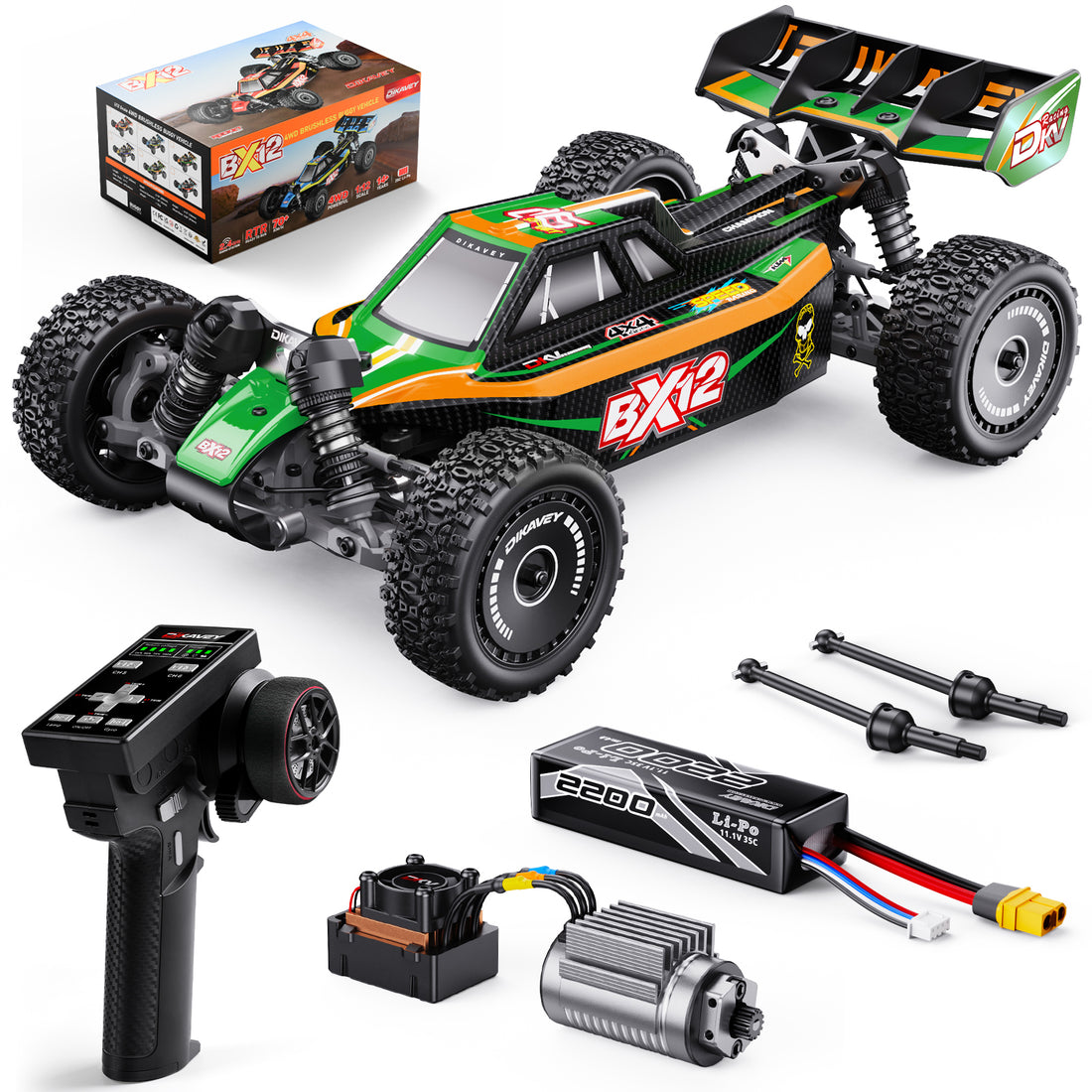 DIKAVEY 1/12 Maßstab RTR 4WD Metall Brushless RC Buggy | BX12 (Grün-Orange)