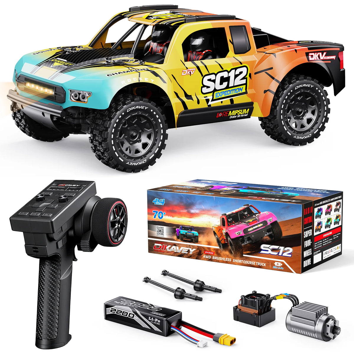 Flash⚡Sale-DIKAVEY 1/12 Brushless RTR 4WD Short-Course Truck | SC12（Yellow）